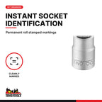 Teng Tools 1/4 inch drive metric hex bit socket, close-up of the roll stamped markings