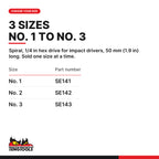 Teng Tools 1/4 in hex screw extractor, No. 1 to No. 3, three sizes No. 1 to No. 3, part numbers SE141 to SE143