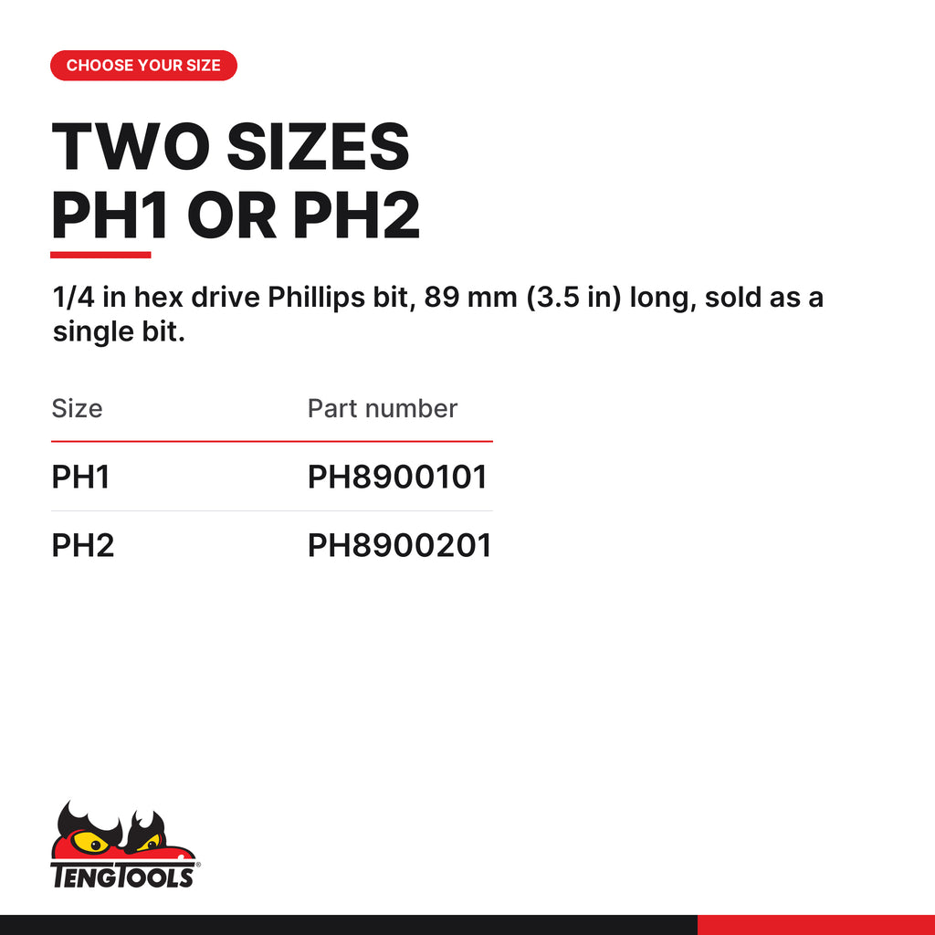 Teng Tools 1/4 in hex Phillips bit 89 mm, PH1 and PH2, two sizes PH1 to PH2, part numbers PH8900101 to PH8900201