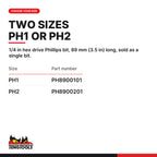 Teng Tools 1/4 in hex Phillips bit 89 mm, PH1 and PH2, two sizes PH1 to PH2, part numbers PH8900101 to PH8900201