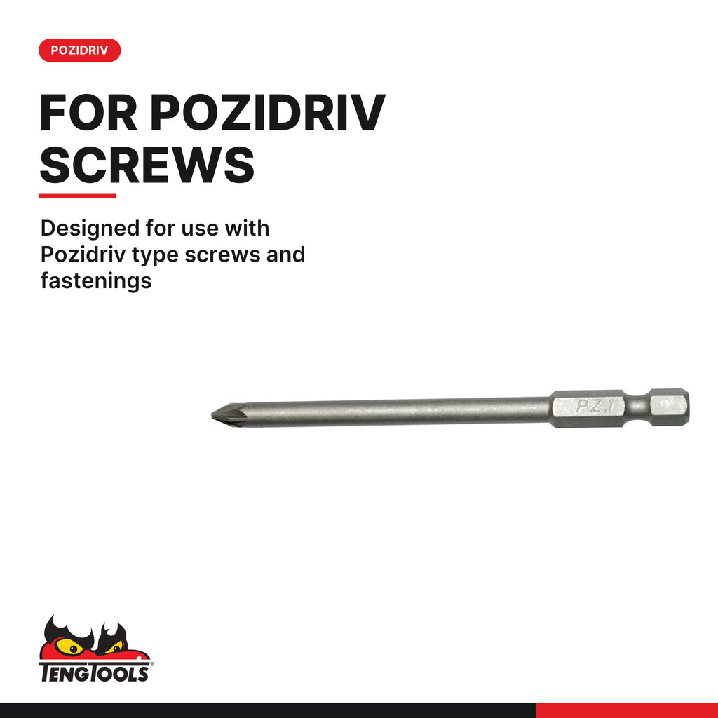 Teng Tools Pozidriv bits with 1/4 in hex shank, 89 mm (3.5 in), PZ1 to PZ2, designed for use with Pozidriv type screws and