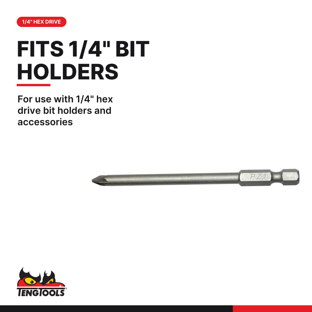 Teng Tools Pozidriv bits with 1/4 in hex shank, 89 mm (3.5 in), PZ1 to PZ2, for use with 1/4" hex drive bit holders and