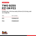 Teng Tools Pozidriv bits with 1/4 in hex shank, 89 mm (3.5 in), PZ1 to PZ2, two sizes PZ1 to PZ2, part numbers PZ8900101 to