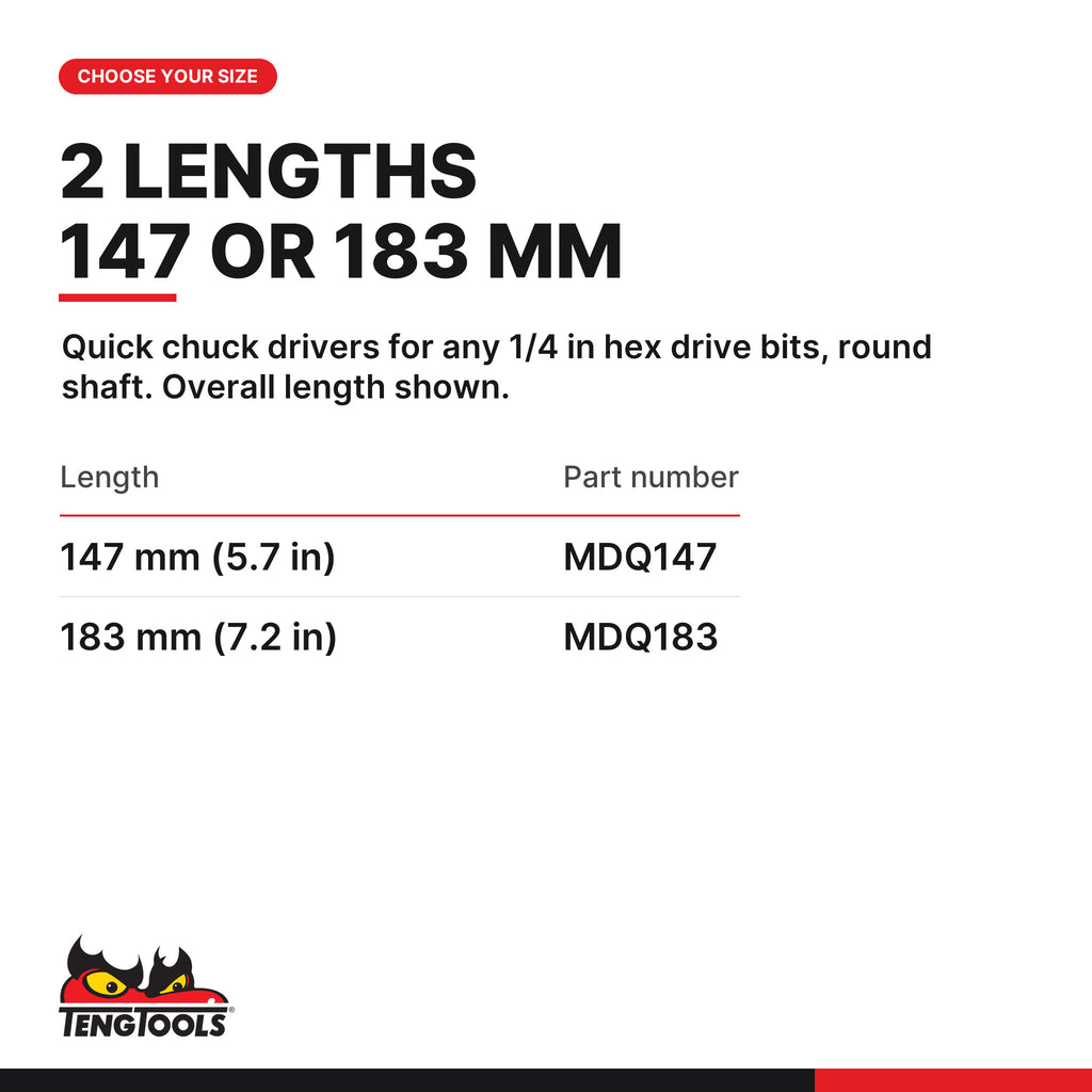 Teng Tools 1/4 in quick chuck bits driver, 147 or 183 mm, two lengths 147 and 183 mm, part numbers MDQ147 and MDQ183