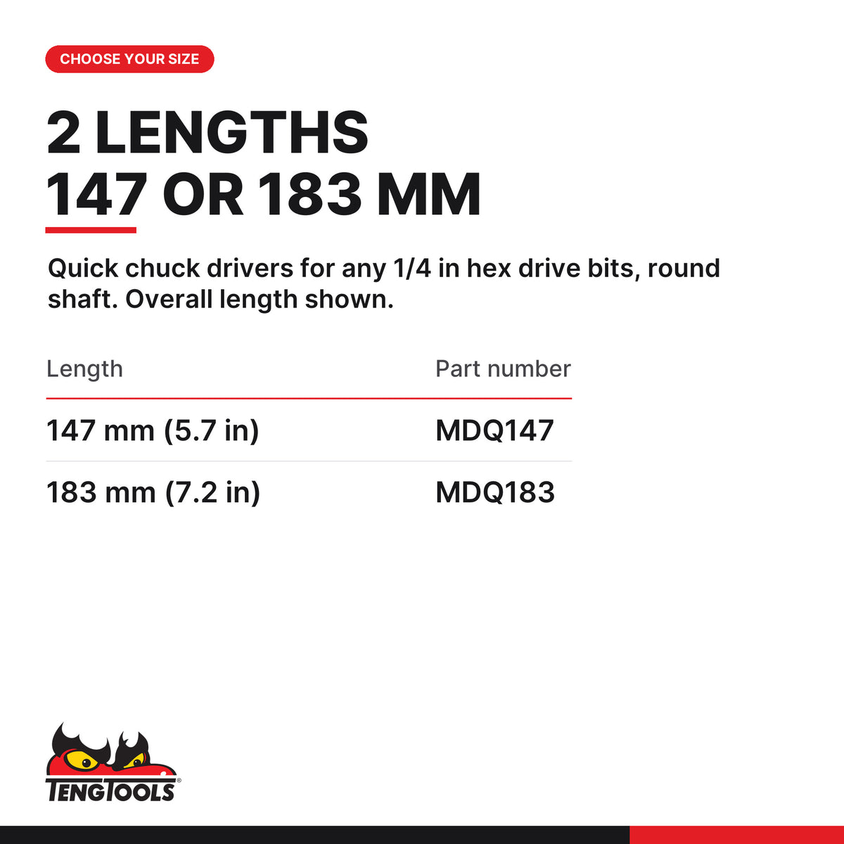 Teng Tools 1/4 in quick chuck bits driver, 147 or 183 mm, two lengths 147 and 183 mm, part numbers MDQ147 and MDQ183