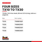 Teng Tools TX bits with 1/4 in hex shank, 89 mm (3.5 in), TX10 to TX30, four sizes TX10 to TX30, part numbers TX8901001 to