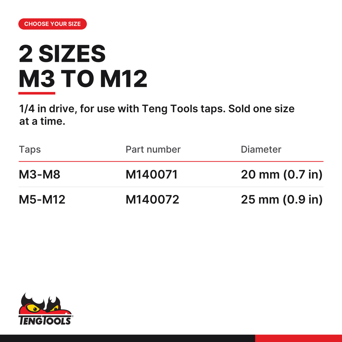 Teng Tools 1/4 inch drive tap chuck, two sizes for M3 to M8 and M5 to M12 taps, part numbers M140071 and M140072