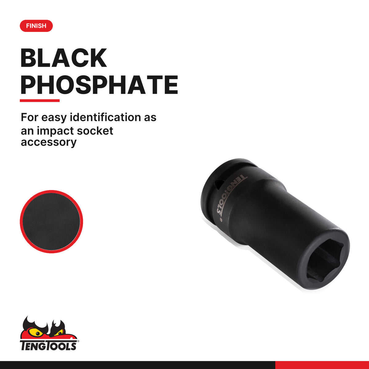 Teng Tools 1 inch drive 6-point metric DIN deep thin wall impact socket with a black phosphate finish
