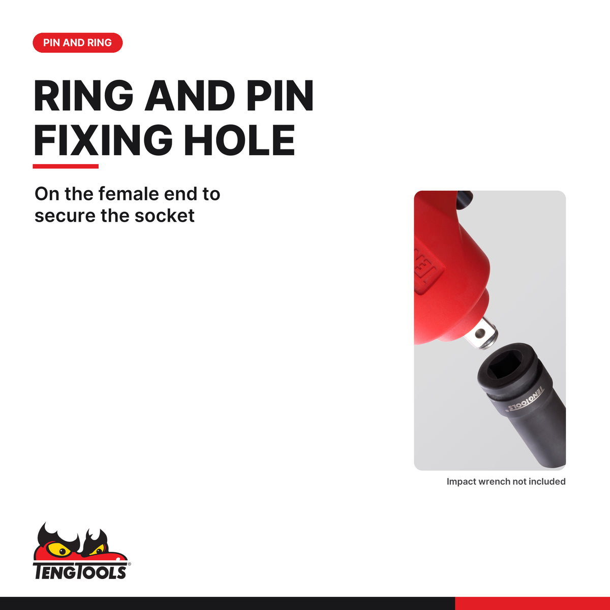 Teng Tools 1 inch drive 6-point metric DIN deep thin wall impact socket, ring and pin fixing hole on the female end
