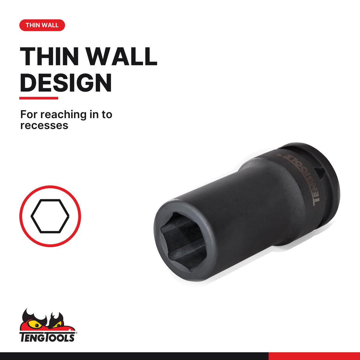 Teng Tools 1 inch drive 6-point metric DIN deep thin wall impact socket, thin wall for reaching into recesses