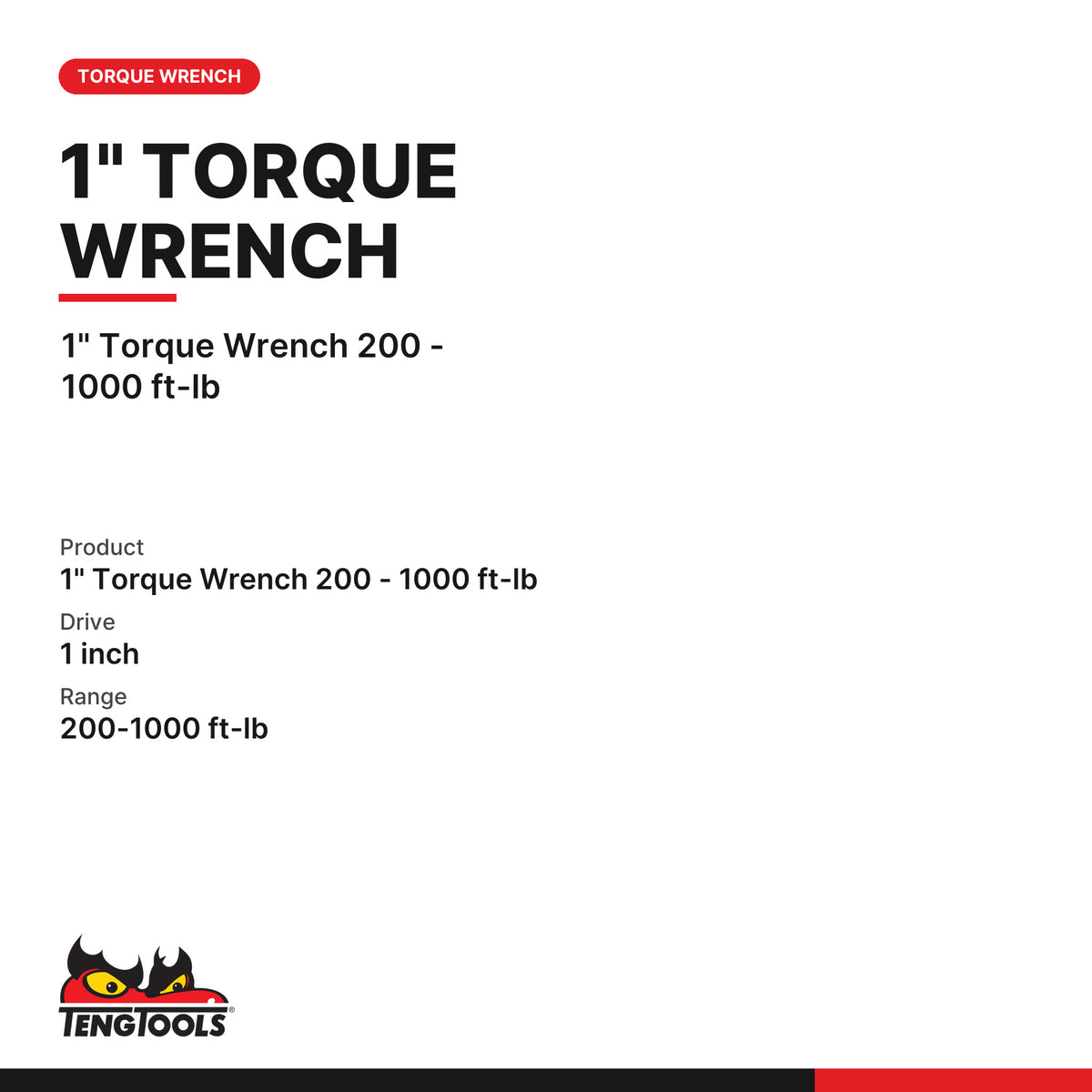Teng Tools 1192Q1000F 1 Inch Drive Torque Wrench 200-1000 ft-lb, 1" Torque Wrench 200 - 1000 ft-lb