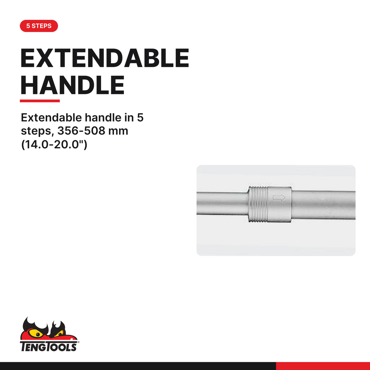 Teng Tools 1200-45E 1/2 Extendable Ratchet Wrench, extendable handle in 5 steps, 356-508 mm (14.0-20.0")