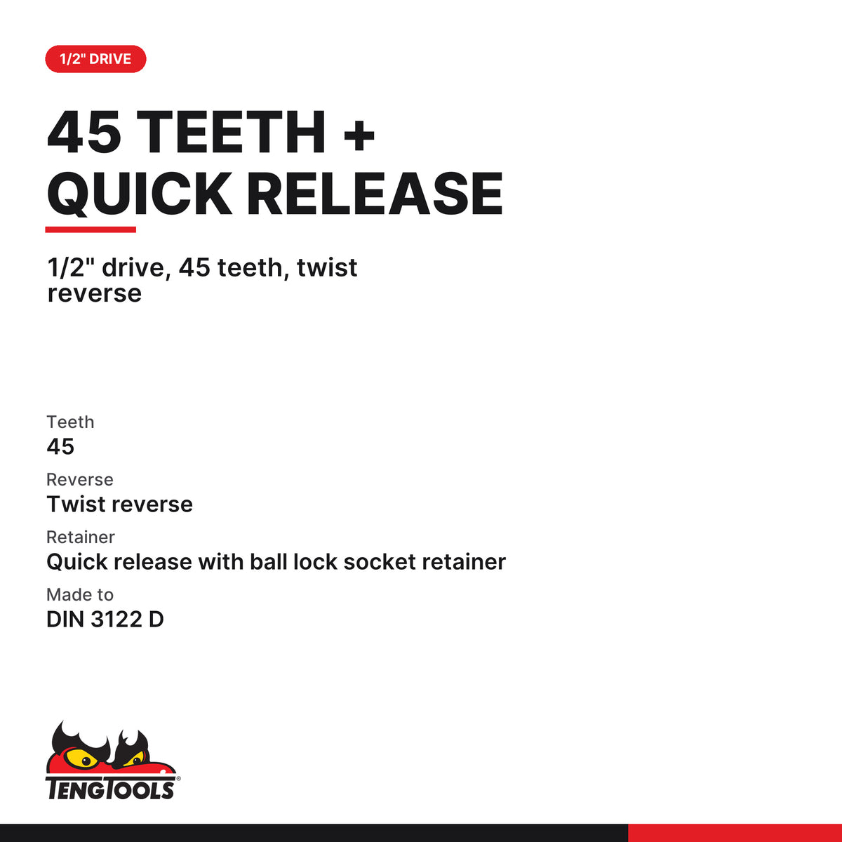 Teng Tools 1200-45E 1/2 Extendable Ratchet Wrench, 1/2" drive, 45 teeth, twist reverse