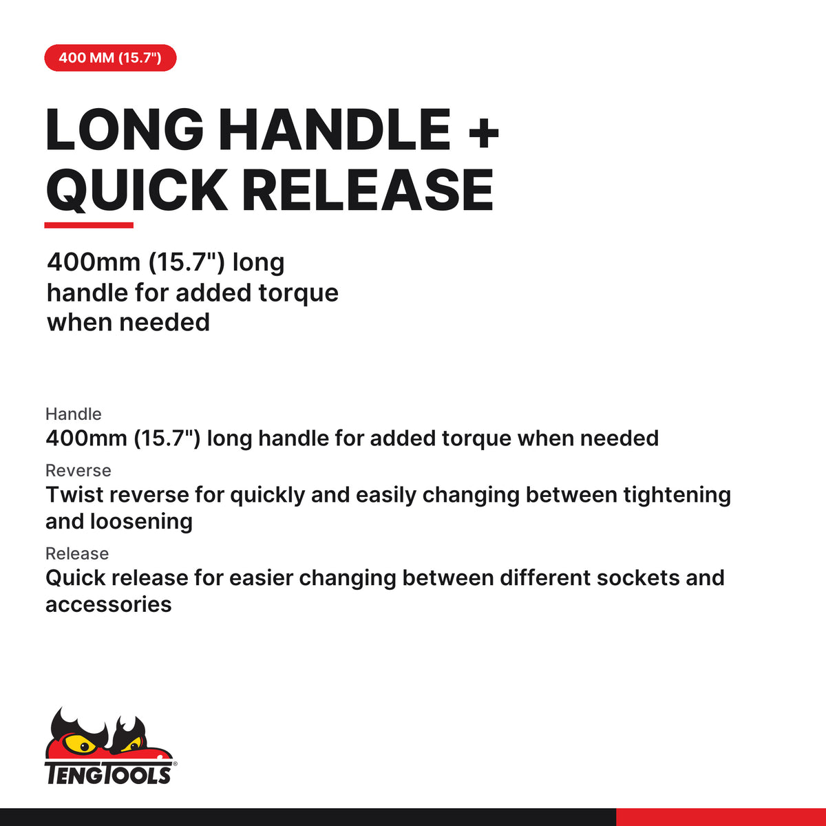 Teng Tools 1200F 1/2 Drive Flex Head Ratchet, 400mm (15.7") long handle for added torque when needed