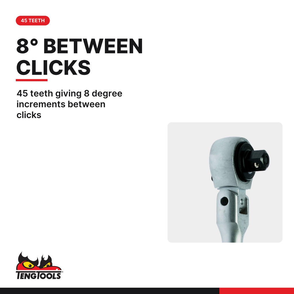 Teng Tools 1200F 1/2 Drive Flex Head Ratchet, 45 teeth giving 8 degree increments between clicks