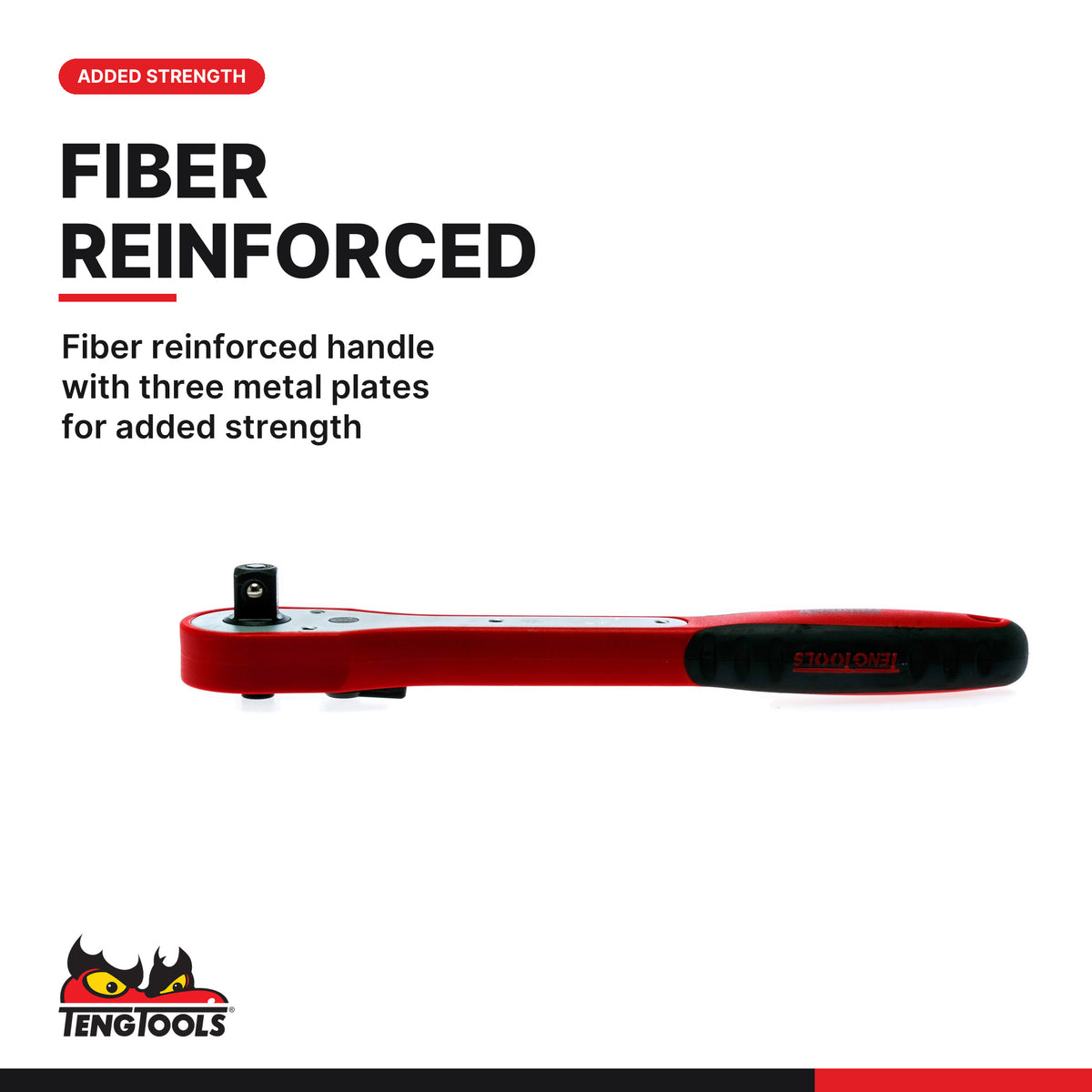 Teng Tools 1200FRP 1/4, 3/8 & 1/2 Inch Drive 45 Tooth Ratchet Handle, fiber reinforced handle with three metal plates for