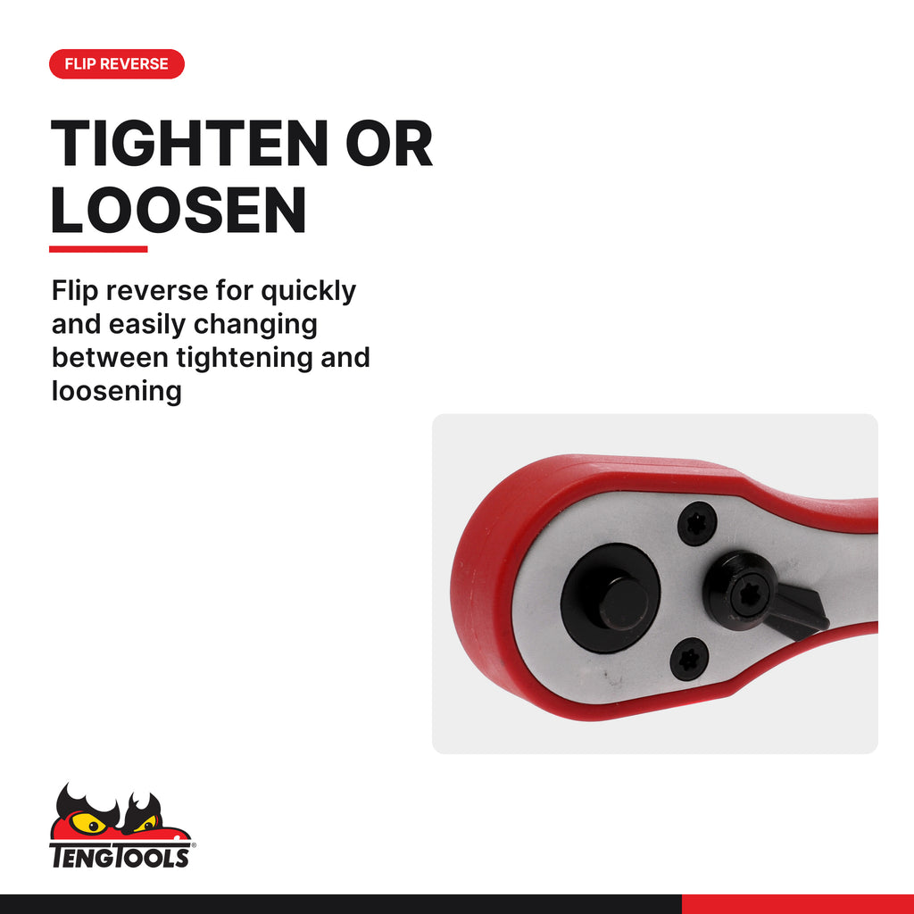 Teng Tools 1200FRP 1/4, 3/8 & 1/2 Inch Drive 45 Tooth Ratchet Handle, flip reverse for quickly and easily changing between