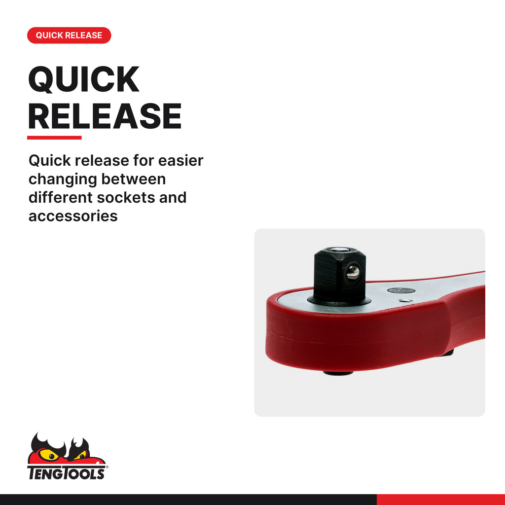 Teng Tools 1200FRP 1/4, 3/8 & 1/2 Inch Drive 45 Tooth Ratchet Handle, quick release for easier changing between different