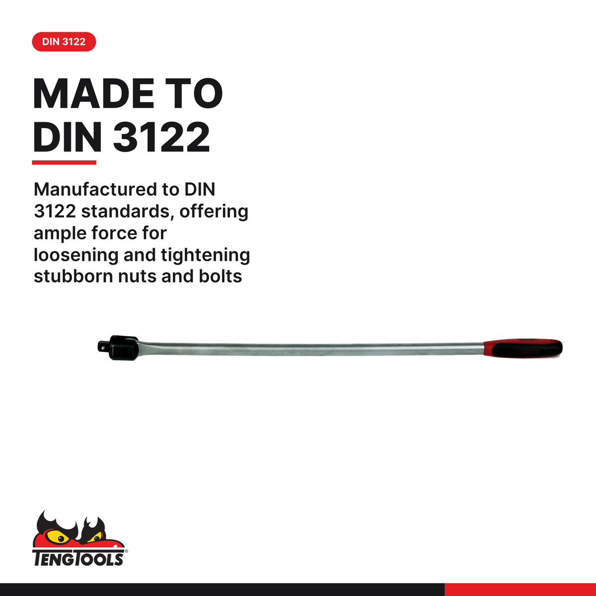 Teng Tools 1201A 1/2 Drive Breaker Bar 600 mm DIN 3122, manufactured to DIN 3122 standards, offering ample force for