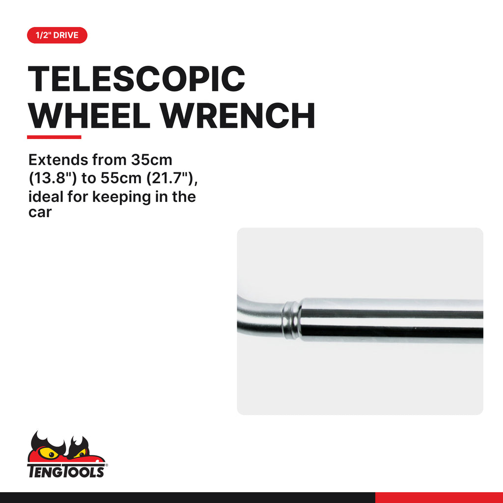 Teng Tools 1202 1/2 Drive Wheel Wrench, extends from 35cm (13.8") to 55cm (21.7"), ideal for keeping in the car