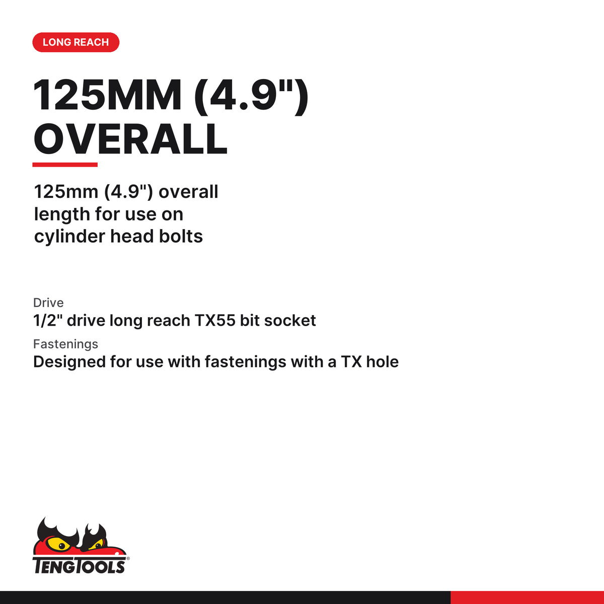 Teng Tools 120955-C 1/2 Extra Long TX Cylinder Head Bit Socket TX55, 125mm (4.9") overall length for use on cylinder head
