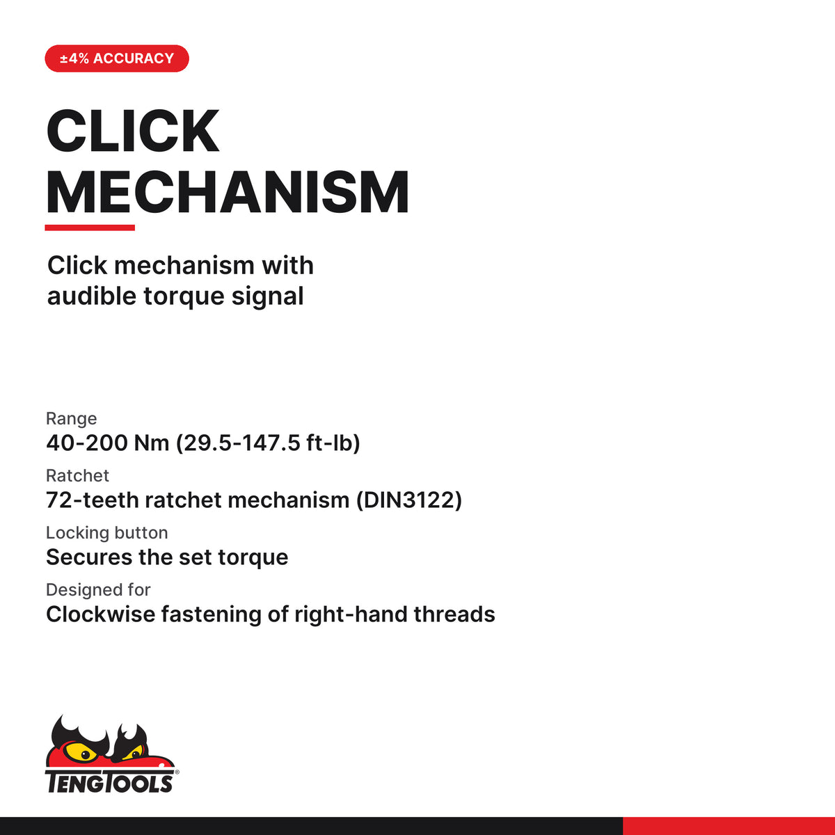 Teng Tools 1292P200 1/2 Inch Drive 40 to 200Nm Click Type 72 Teeth, click mechanism with audible torque signal