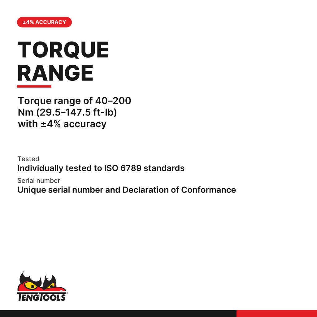 Teng Tools 1292P418 14 x 18 mm Insert Torque Wrench Body 40-200 Nm, torque range of 40–200 Nm (29.5–147.5 ft-lb) with ±4%