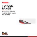 Teng Tools 1292P912 9 x 12 mm Insert Torque Wrench, torque range of 20–100 Nm (14.8–73.8 ft-lb) with ±4% accuracy