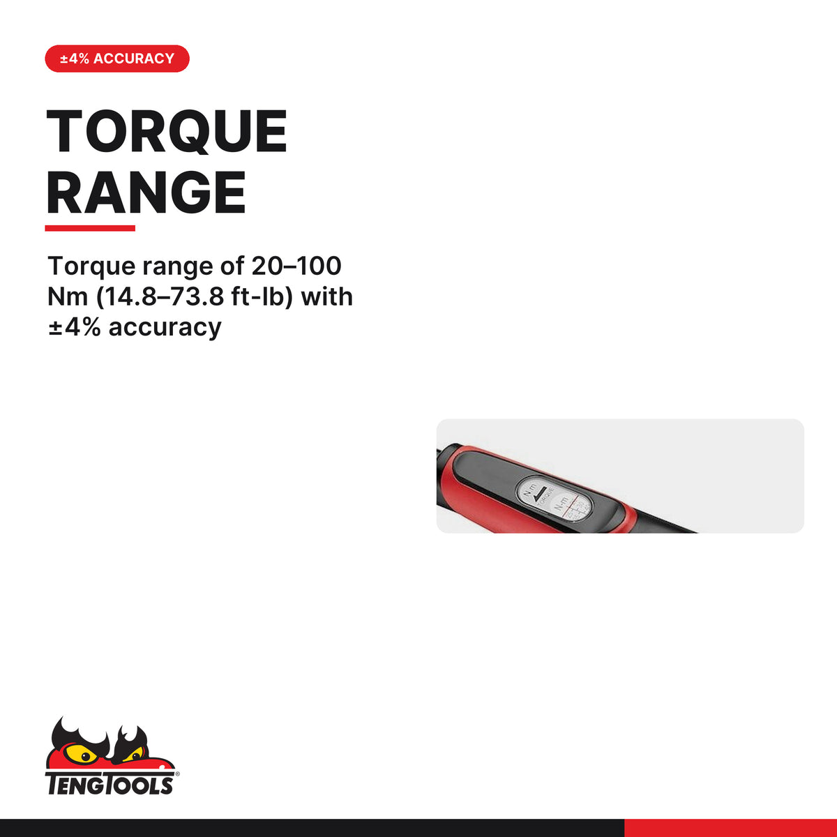 Teng Tools 1292P912 9 x 12 mm Insert Torque Wrench, torque range of 20–100 Nm (14.8–73.8 ft-lb) with ±4% accuracy