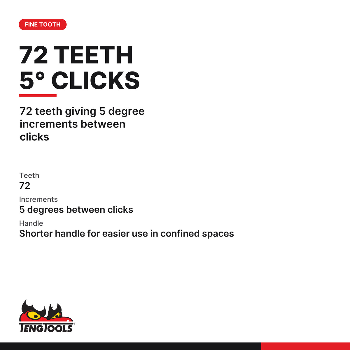 Teng Tools 1400-72SN 1/4 Drive 72-Tooth Flex Head Ratchet Wrench, 72 teeth giving 5 degree increments between clicks
