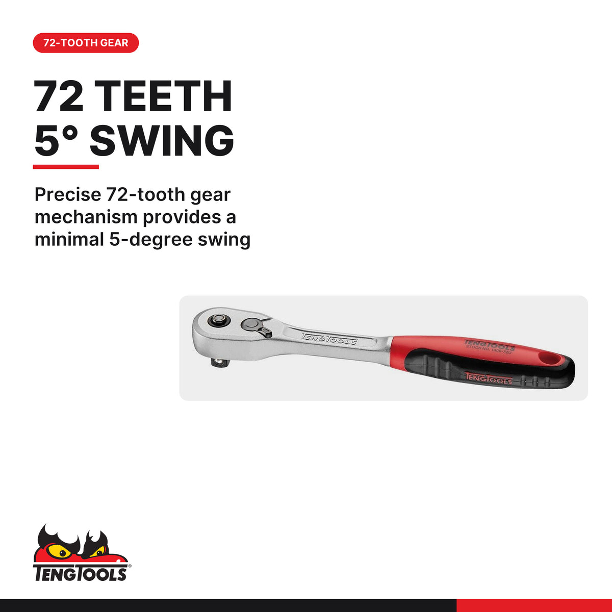 Teng Tools 1400-72U 1/4, 3/8 & 1/2 Inch Drive 72 Tooth Mini Ratchet, precise 72-tooth gear mechanism provides a minimal