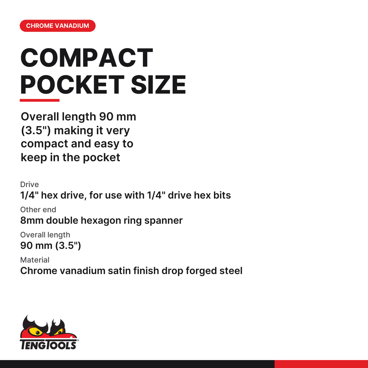 Teng Tools 1400B 1/4 Inch Hex Mini Bits Ratchet, overall length 90 mm (3.5") making it very compact and easy to keep in the