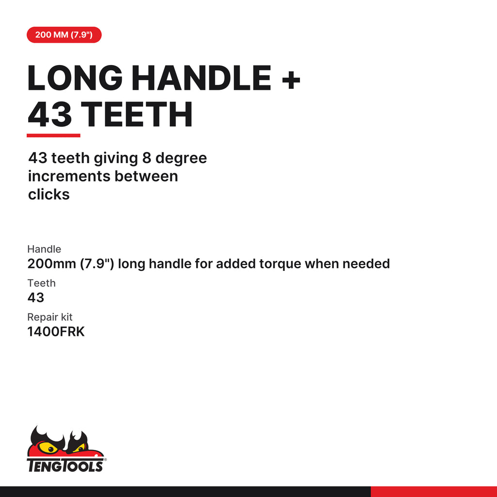 Teng Tools 1400L 1/4 Drive 43 Tooth Long Arm Ratchet Wrench, 43 teeth giving 8 degree increments between clicks