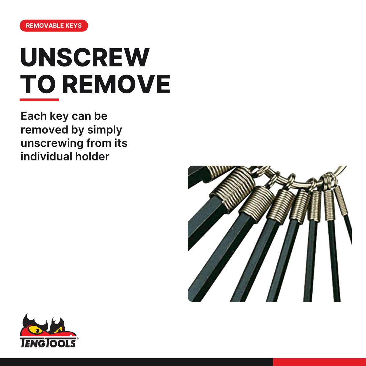 Teng Tools 1424 Hex Key Set AF 10 Pieces, each key can be removed by simply unscrewing from its individual holder
