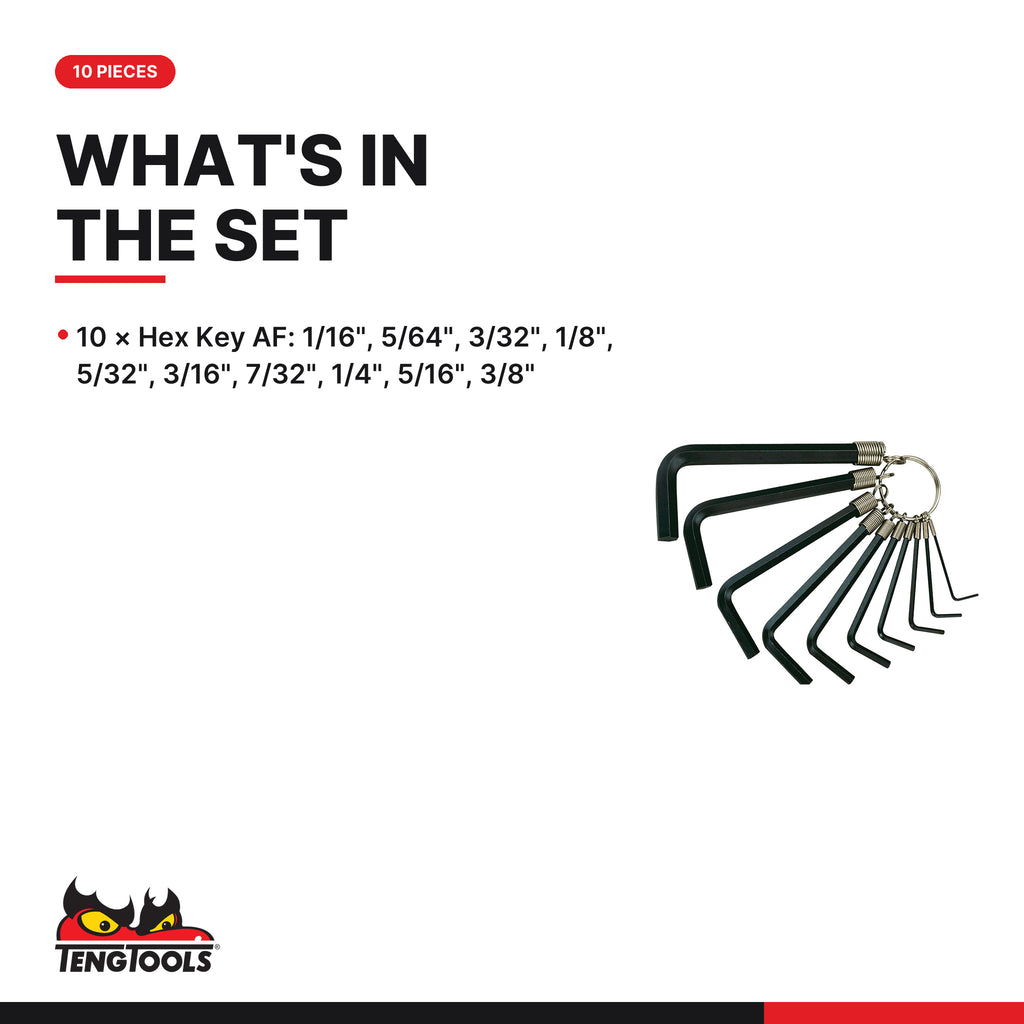 Teng Tools 1424 Hex Key Set AF 10 Pieces, what's in the tray