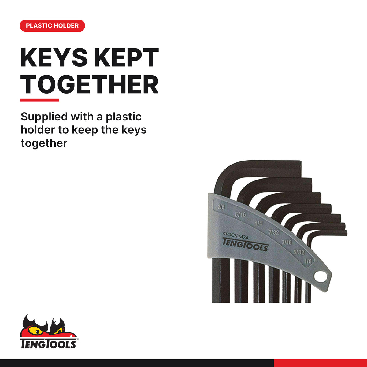 Teng Tools 1474 Ball Point Hex Key Set AF 7 Pieces, supplied with a plastic holder to keep the keys together