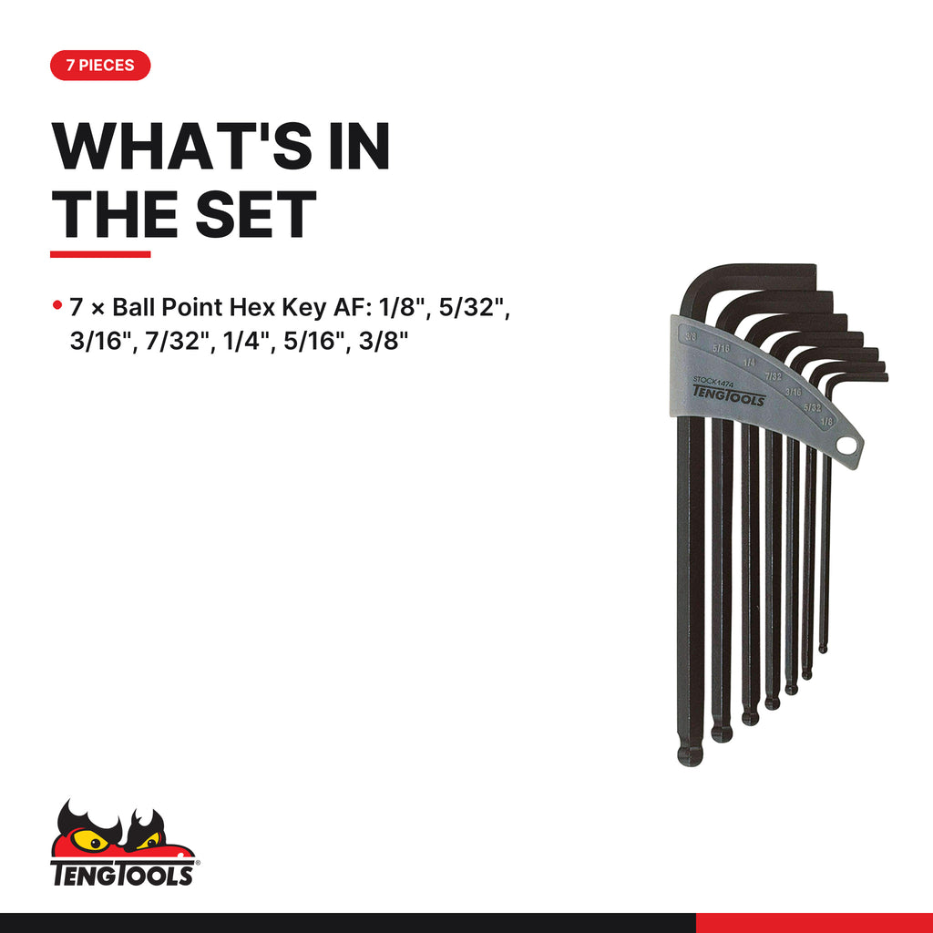Teng Tools 1474 Ball Point Hex Key Set AF 7 Pieces, what's in the set