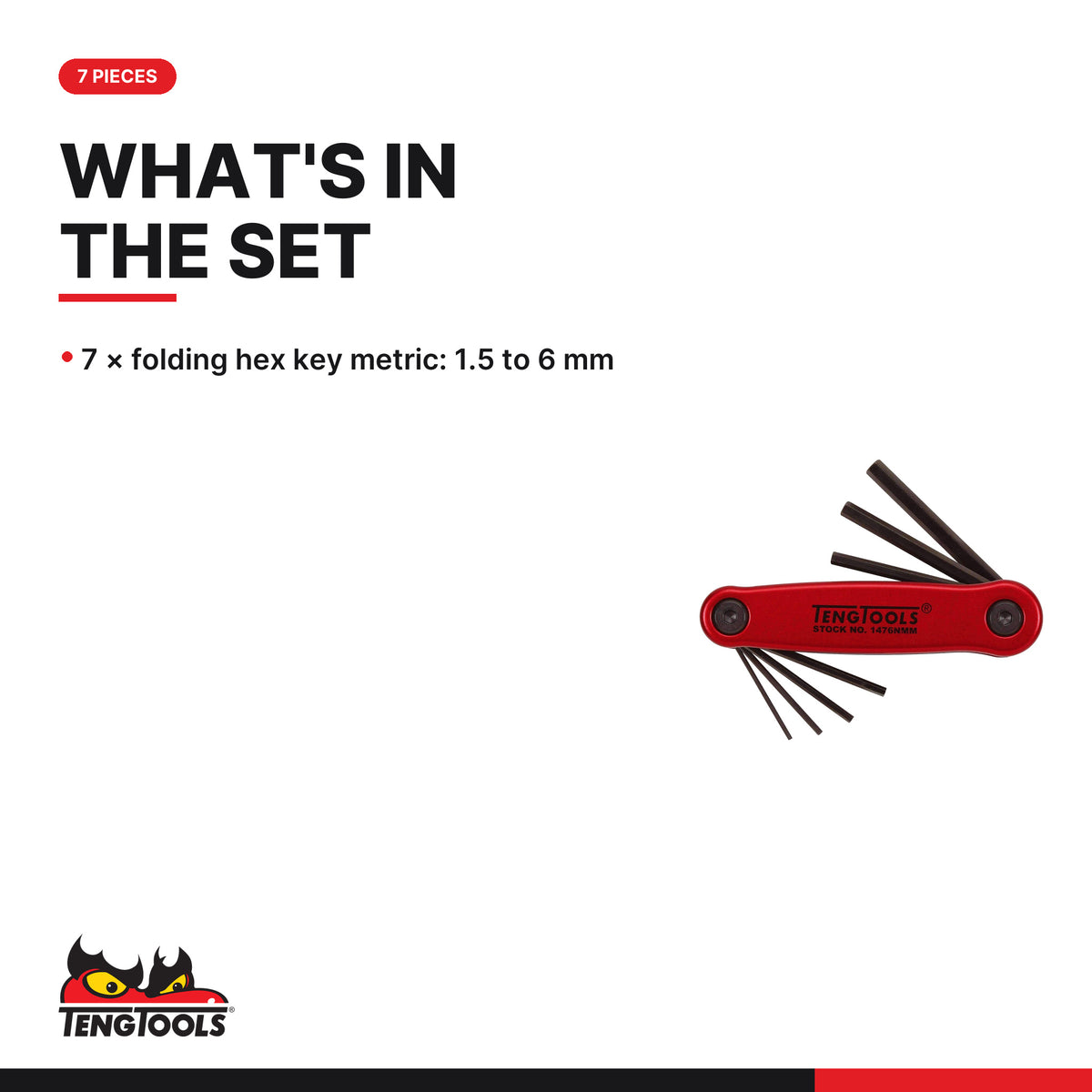 Teng Tools 1476NMM Folding Hex Key Set 1.5-6 mm ALU 7 Pieces, what's in the set