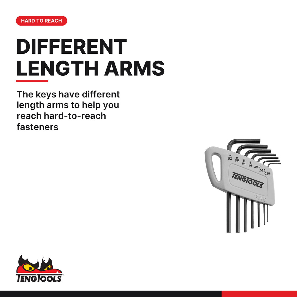 Teng Tools 1477AF Mini hex key set AF 7 pieces, the keys have different length arms to help you reach hard-to-reach fasteners
