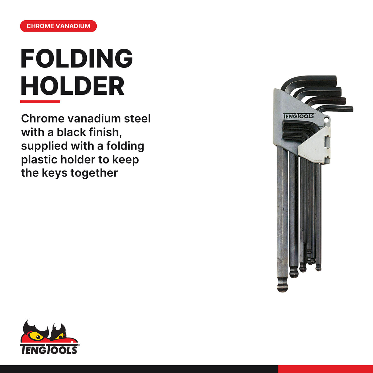 Teng Tools 1479AF Ball Point Hex Key Set AF 9 Pieces, chrome vanadium steel with a black finish, supplied with a folding