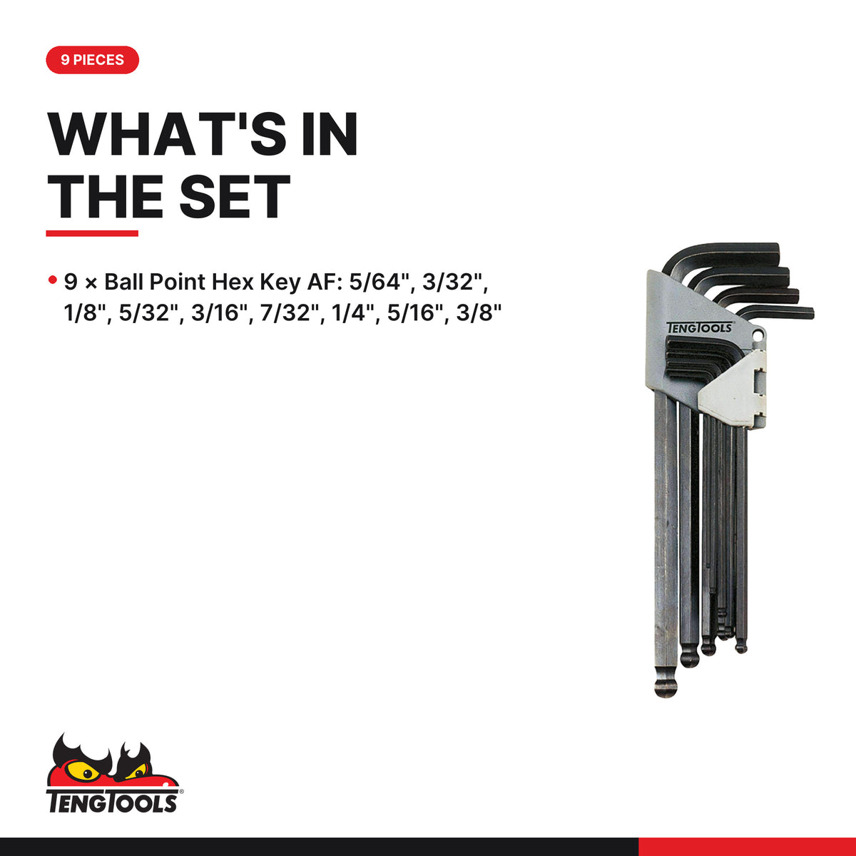 Teng Tools 1479AF Ball Point Hex Key Set AF 9 Pieces, what's in the set