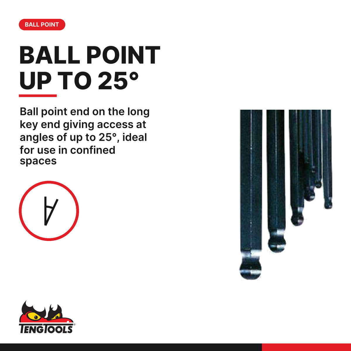 Teng Tools 1479MM Ball Point Hex Key Set 9 Pieces, ball point end on the long key end giving access at angles of up to 25°