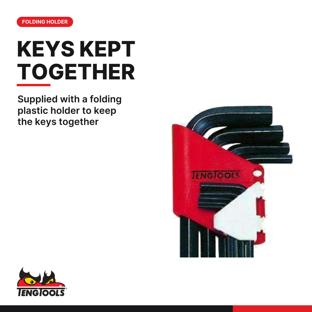 Teng Tools 1479MM Ball Point Hex Key Set 9 Pieces, supplied with a folding plastic holder to keep the keys together