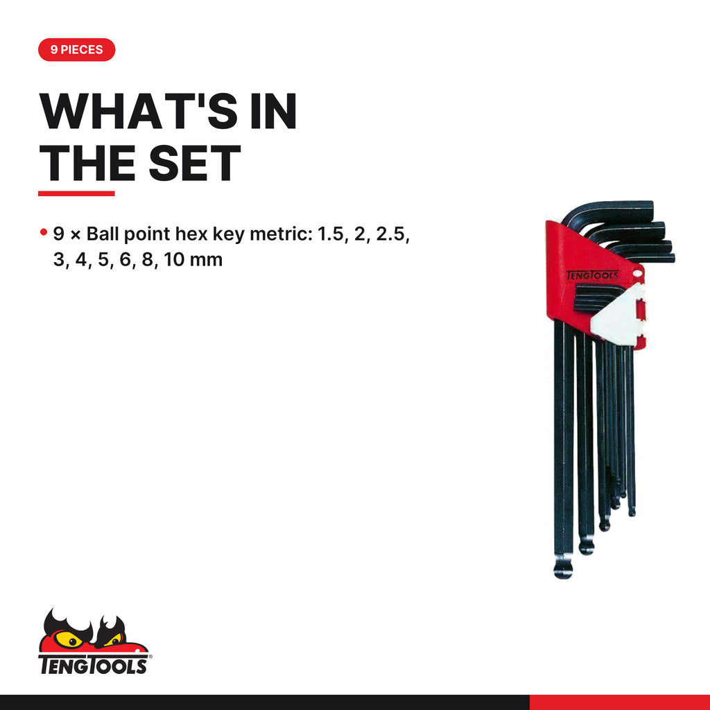 Teng Tools 1479MM Ball Point Hex Key Set 9 Pieces, what's in the set