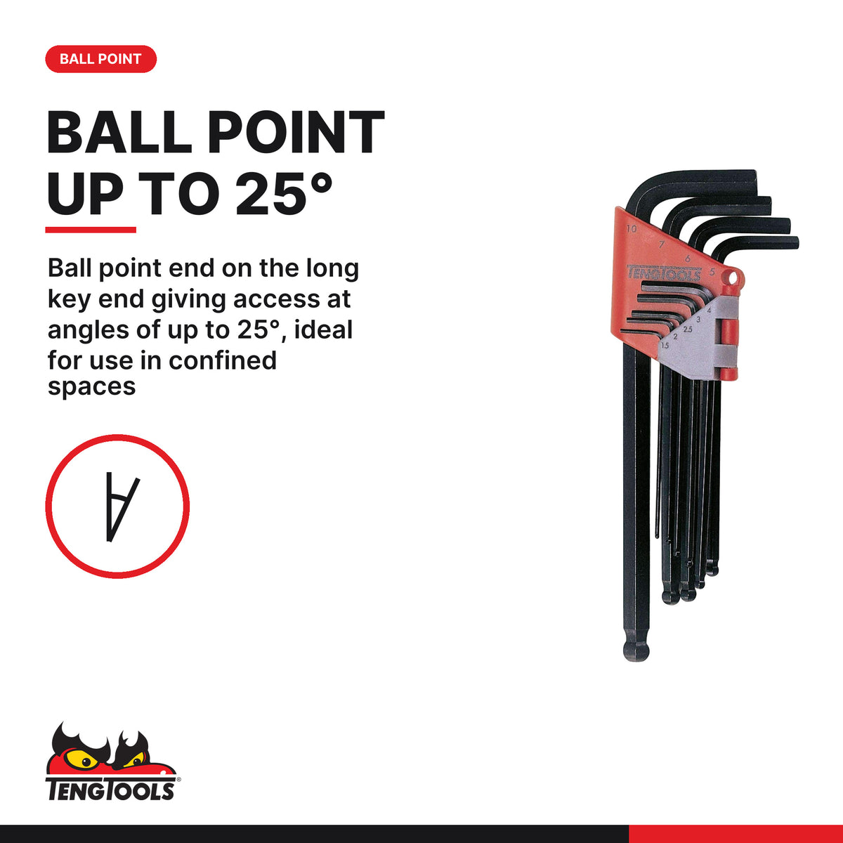 Teng Tools 1479MMA Ball Point Hex Key Set A 9 Pieces, ball point end on the long key end giving access at angles of up to