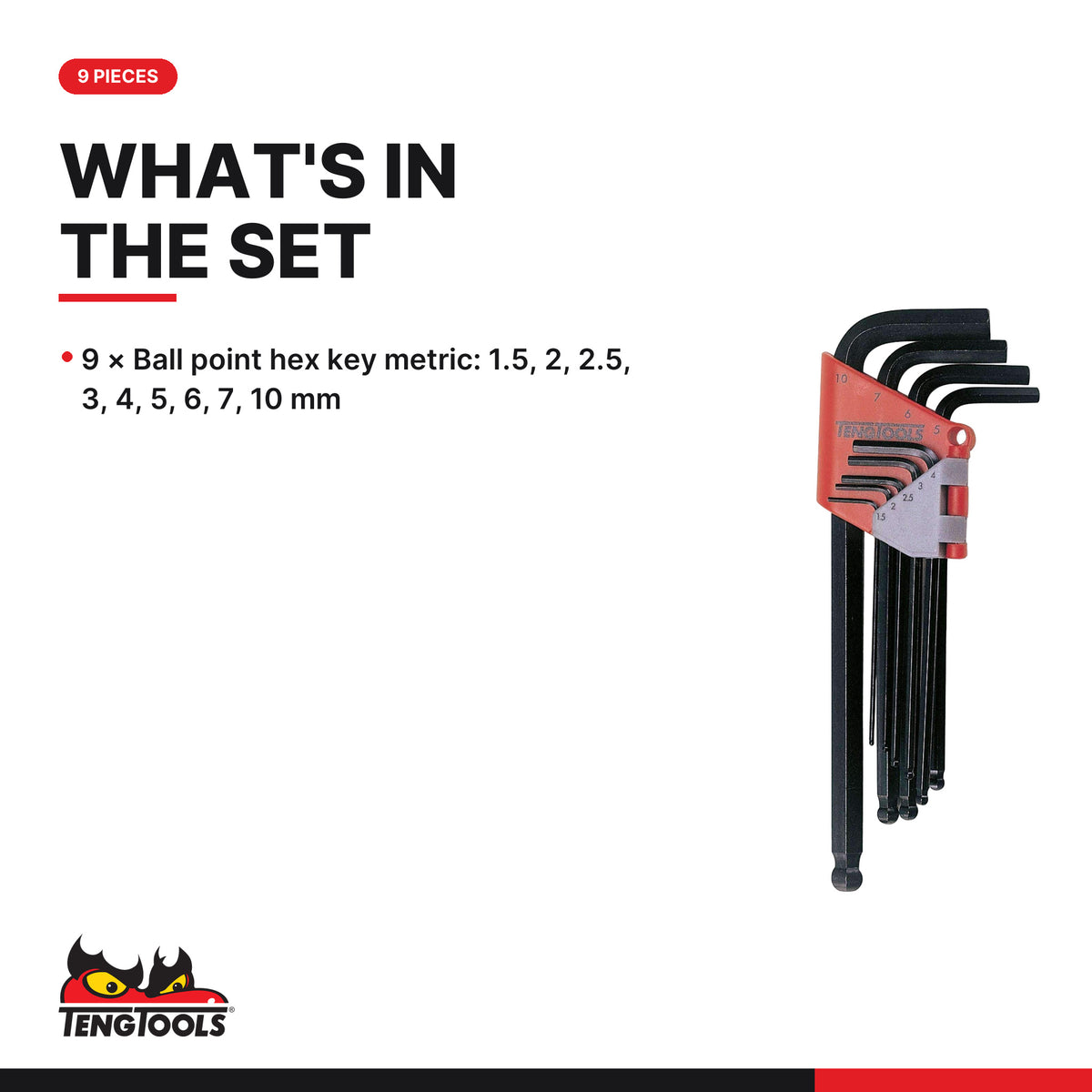 Teng Tools 1479MMA Ball Point Hex Key Set A 9 Pieces, what's in the set