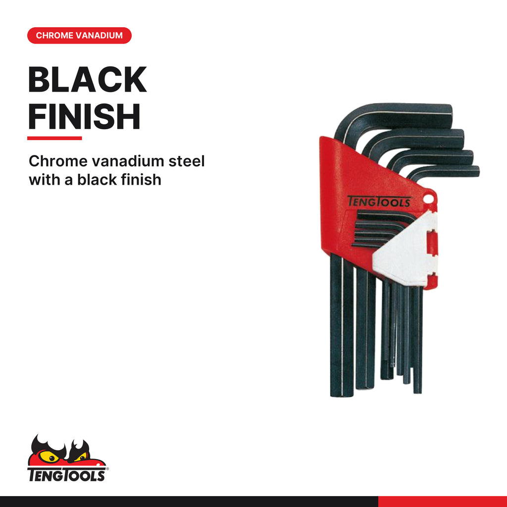 Teng Tools 1479MMR Hex Key Set 9 Pieces, chrome vanadium steel with a black finish