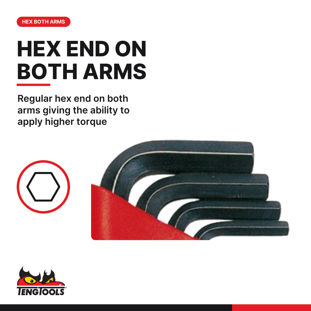 Teng Tools 1479MMR Hex Key Set 9 Pieces, regular hex end on both arms giving the ability to apply higher torque