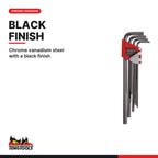 Teng Tools 1479MMRL Extra Long Hex Key Set 9 Pieces, chrome vanadium steel with a black finish