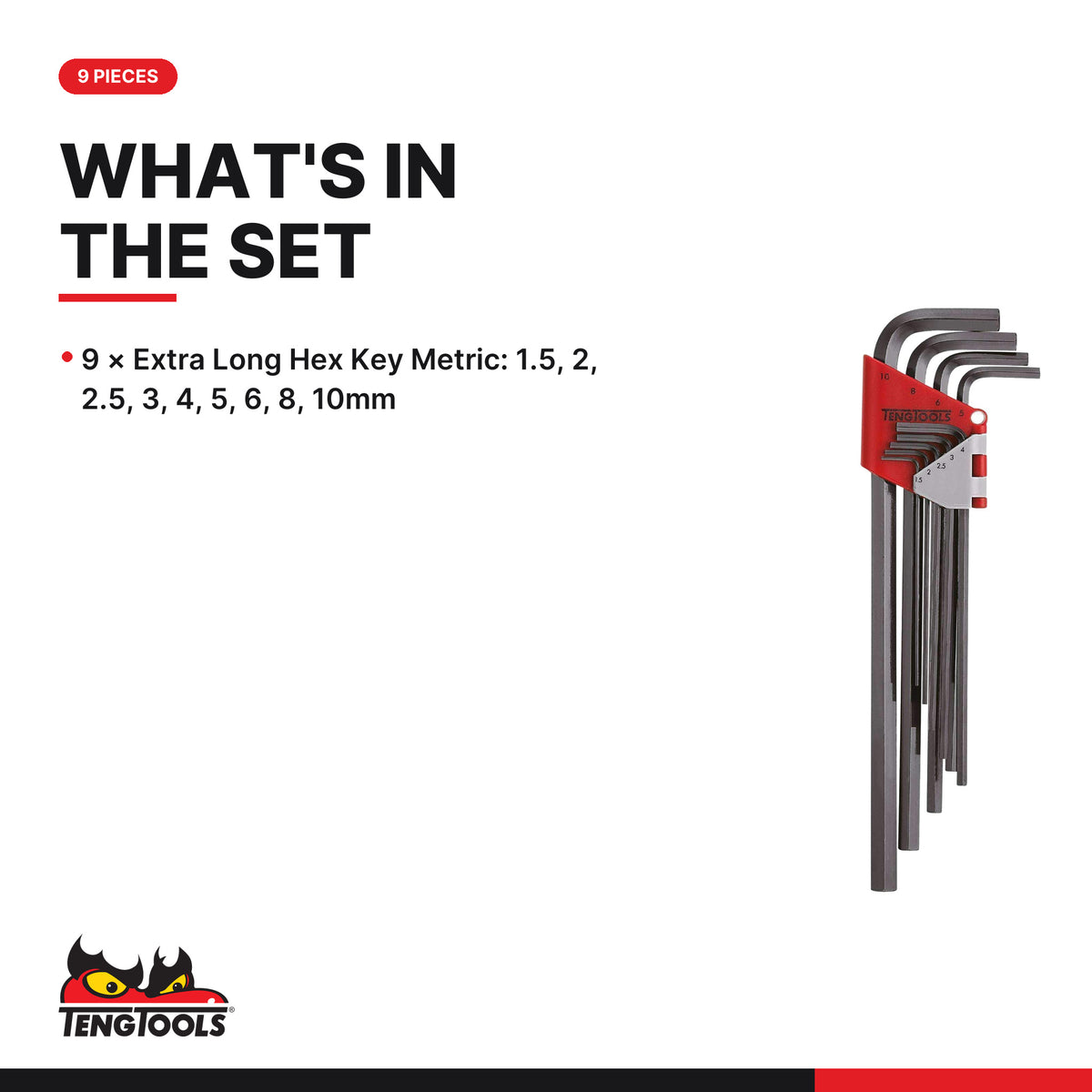 Teng Tools 1479MMRL Extra Long Hex Key Set 9 Pieces, what's in the set